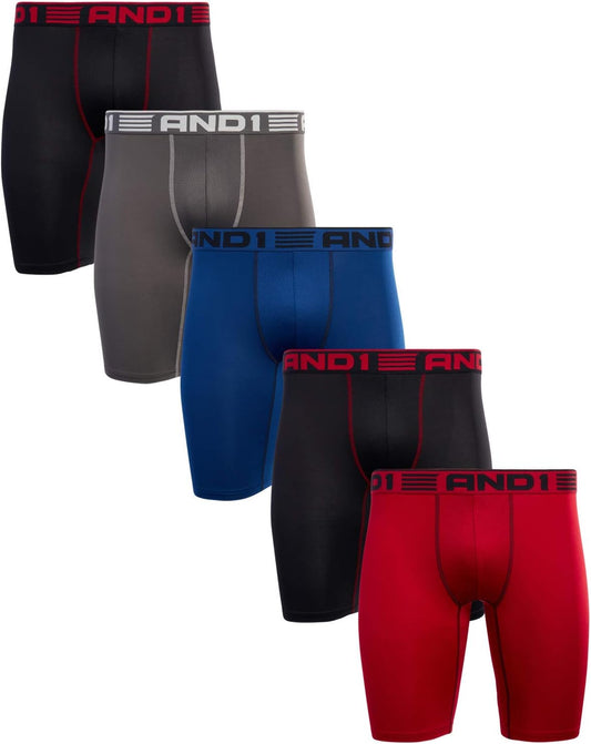 Mens Boxer Briefs - 5 Pack Performance Stretch Mens Underwear Long Leg Boxers for Men with Contour Pouch, 9" Inseam