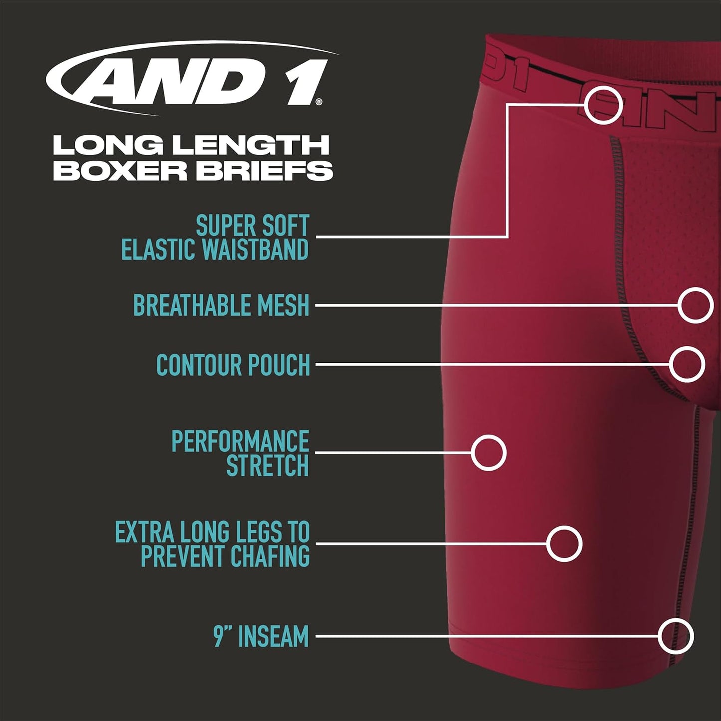 Mens Boxer Briefs - 5 Pack Performance Stretch Mens Underwear Long Leg Boxers for Men with Contour Pouch, 9" Inseam